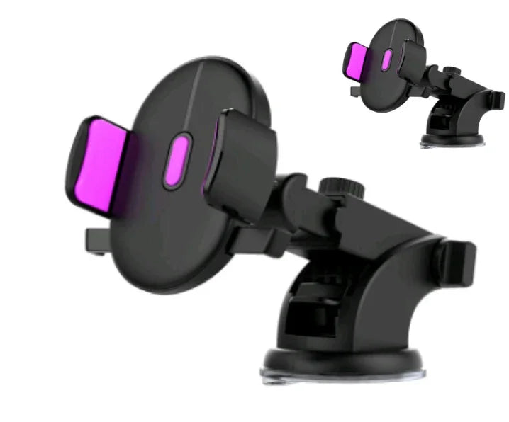 Black adjustable phone holder with purple grip pads and suction base, suitable for car dashboard or windshield.