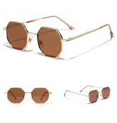 Octagon brown lens sunglasses with gold metal frame, modern geometric style accessory