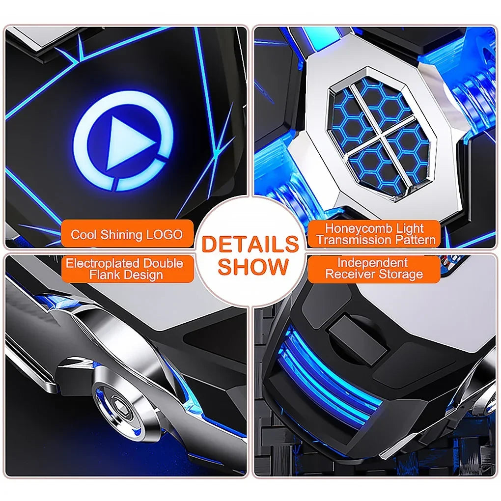 Futuristic tech accessory with blue LED lighting, metallic accents, and honeycomb design details