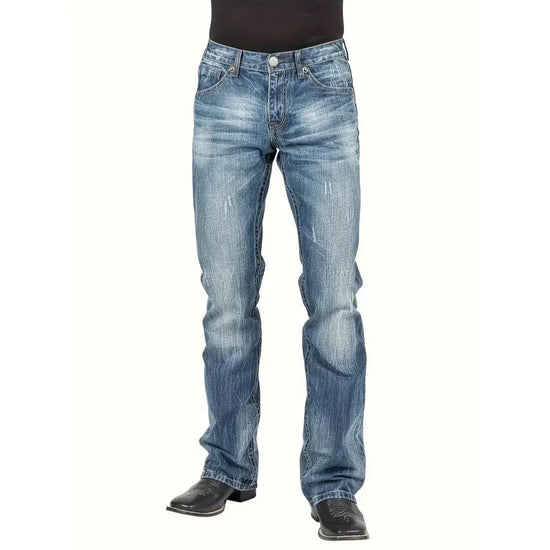 Men’s straight fit blue distressed jeans with faded wash, classic five-pocket style