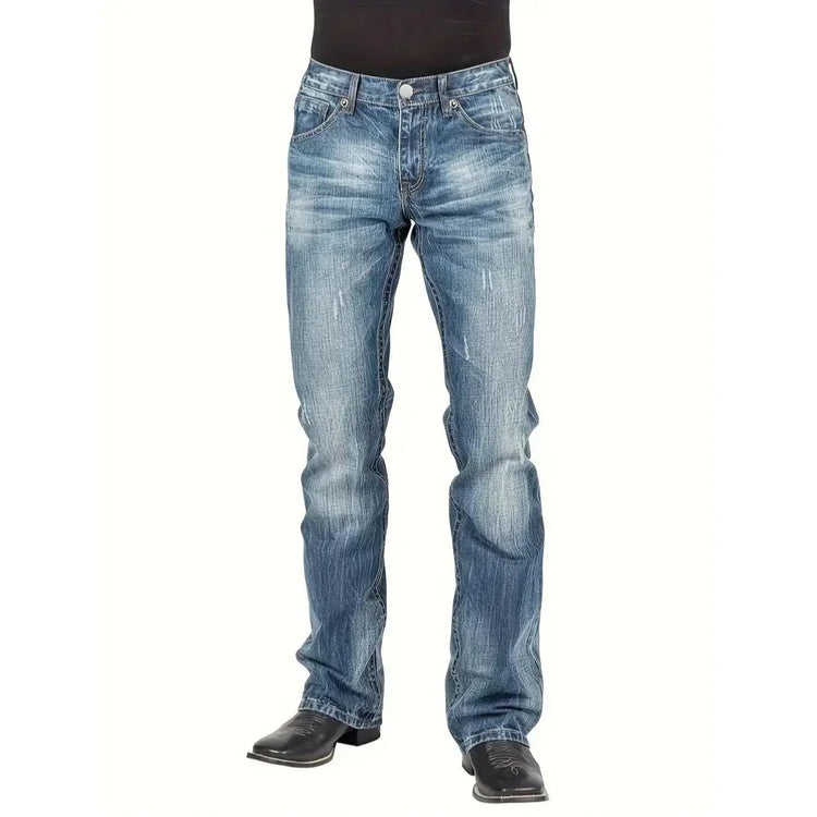 Men’s straight fit blue distressed jeans with faded wash, classic five-pocket style