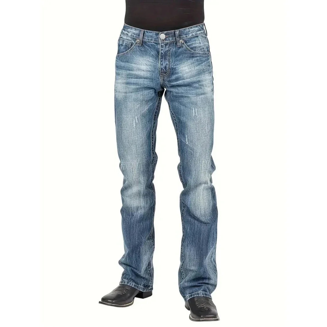 Straight-fit light blue distressed denim jeans with faded wash and subtle whiskering, men&