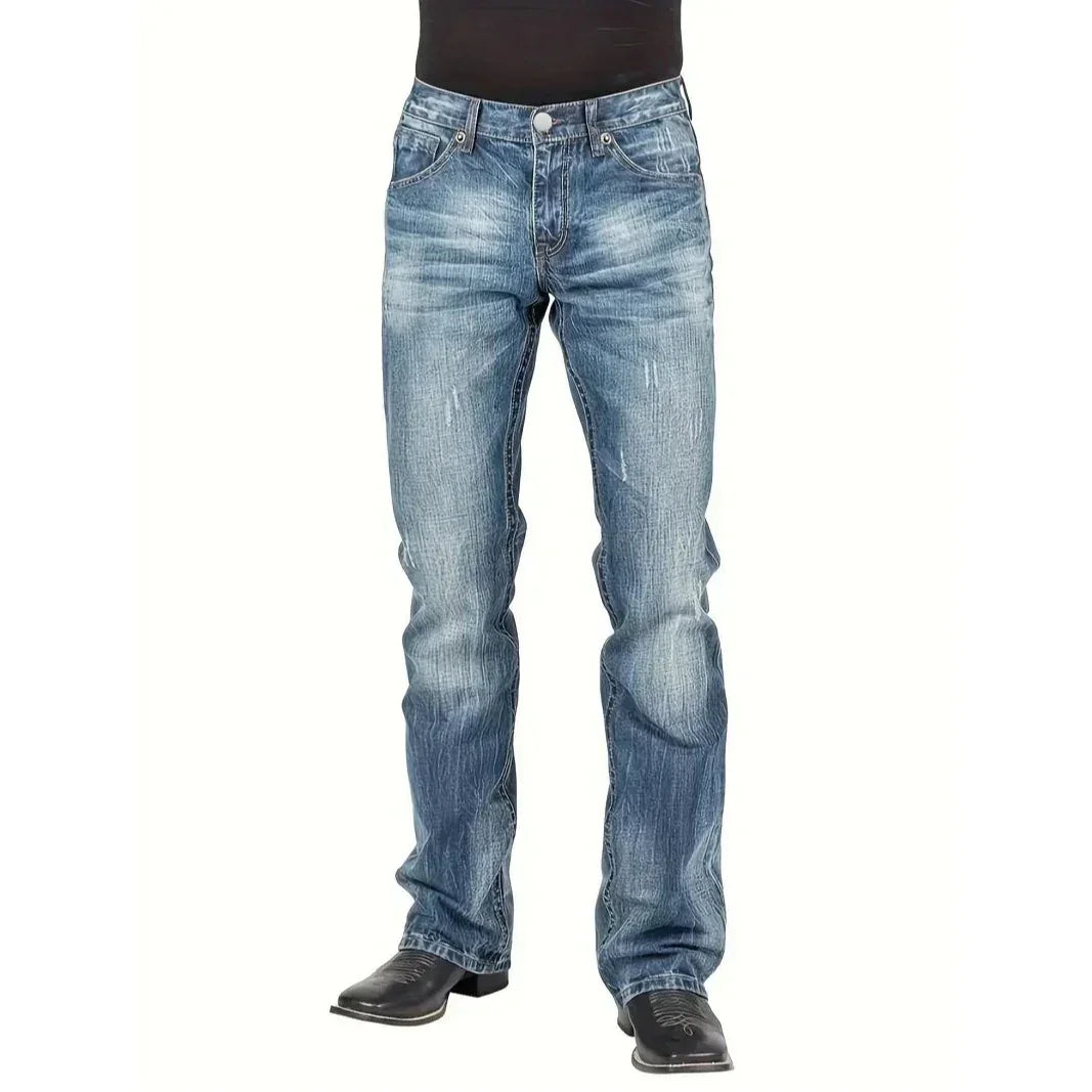 Straight-fit light blue distressed denim jeans with faded wash and subtle whiskering, men's style