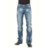 Straight-fit light blue distressed denim jeans with faded wash and subtle whiskering, men&