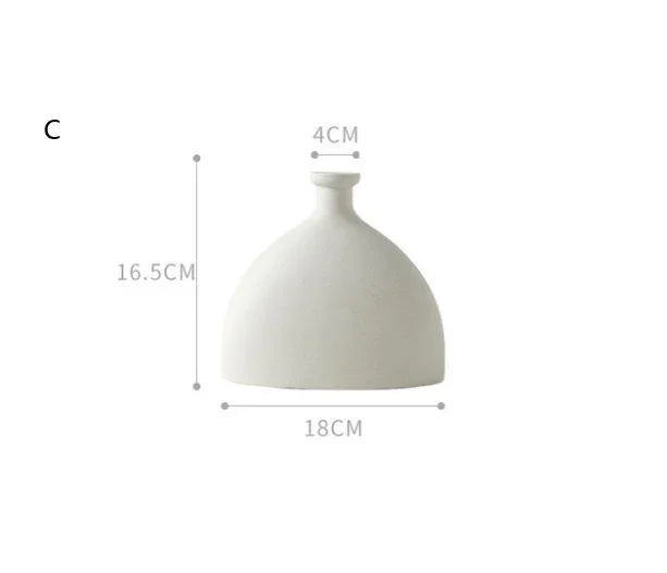 Minimalist white ceramic vase, dome shape, matte finish, 16.5cm tall, 18cm wide, 4cm neck opening