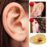 Gold-tone magnetic ear stud, simple round design, shown on ear for minimalist style