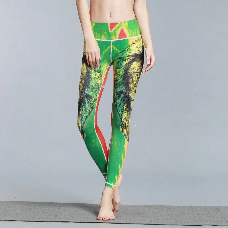 Woman wearing green and yellow lion print leggings, high-waisted, skinny fit