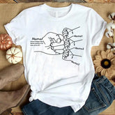 White cotton t-shirt with black line art family hand graphic, relaxed fit casual streetwear