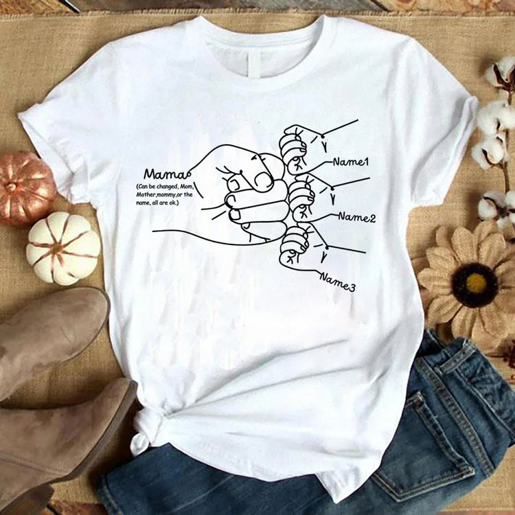 White cotton t-shirt with black line art family hand graphic, relaxed fit casual streetwear