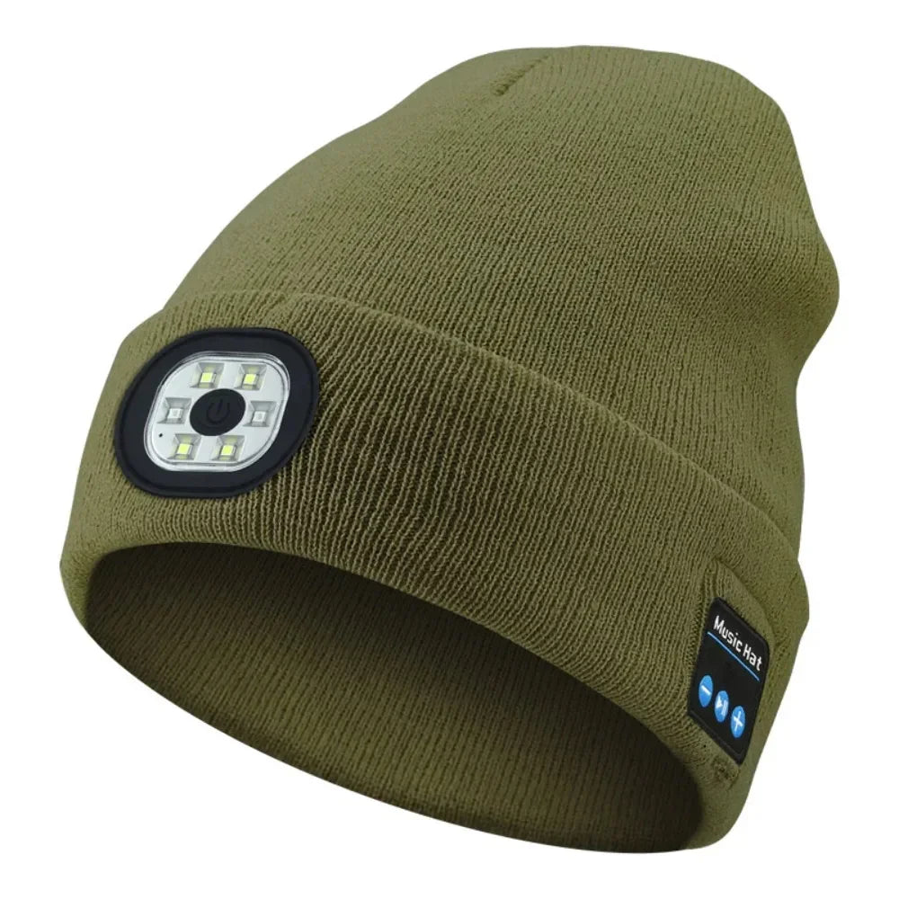 Olive green knit beanie with LED headlamp and side control patch, relaxed fit.