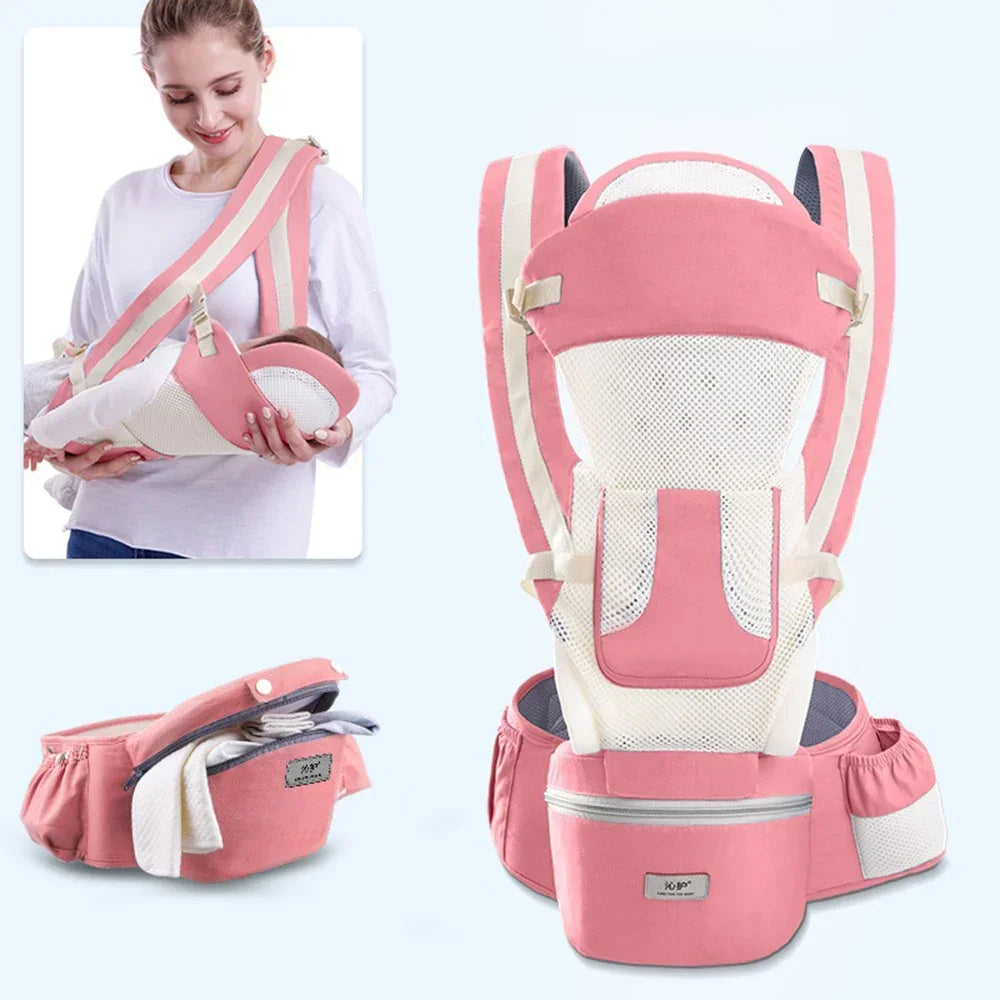 Pink and white mesh baby carrier with adjustable straps and ergonomic fit