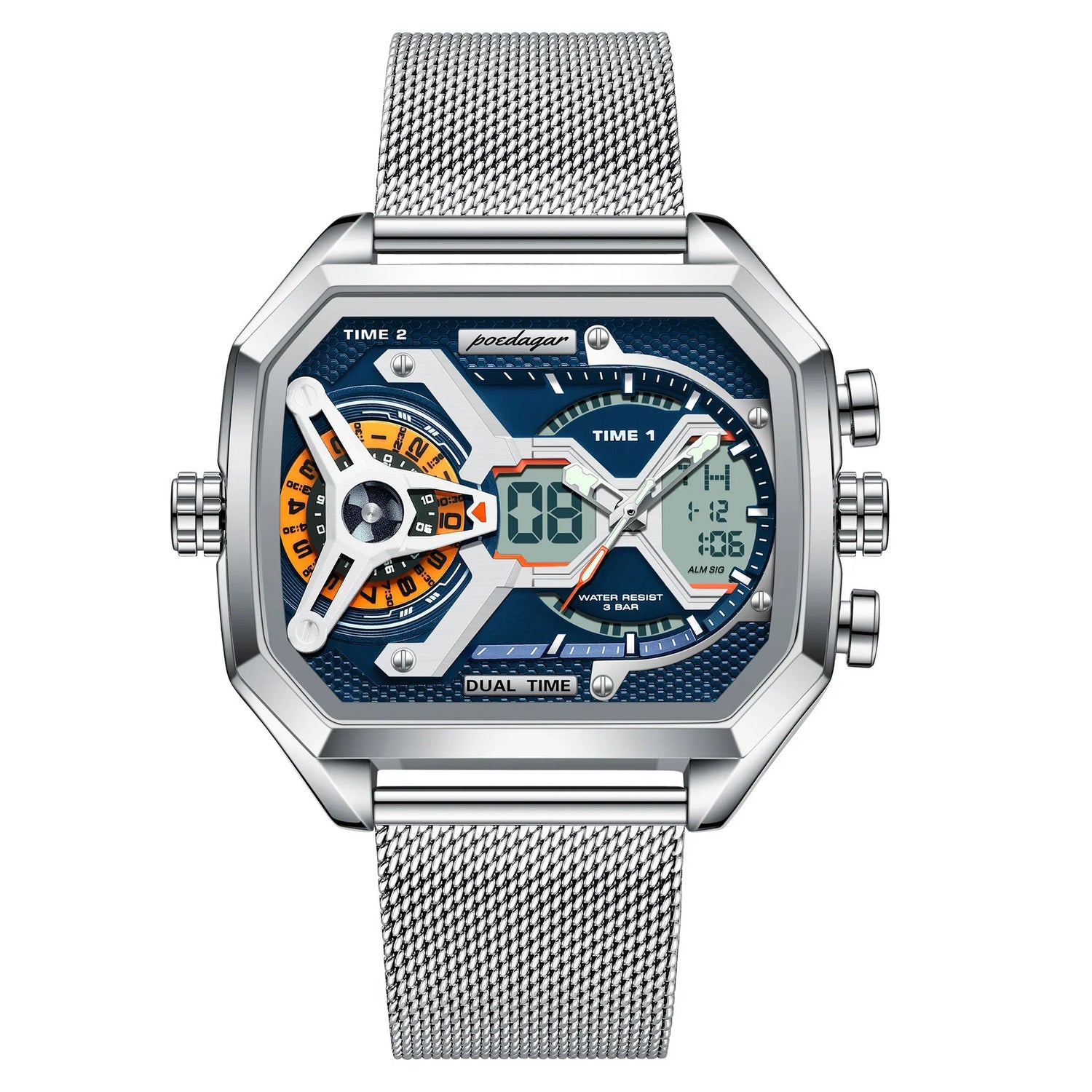 Rectangular silver stainless steel watch with mesh band, blue face, analog and digital dual time