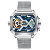 Rectangular silver stainless steel watch with mesh band, blue face, analog and digital dual time