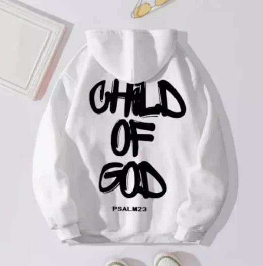 White streetwear hoodie with bold black 'Child of God Psalm 23' graffiti print, relaxed fit.