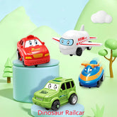Colorful cartoon toy vehicles including a red car, green SUV, white airplane, and blue train on display with playful backgrounds.