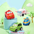 Colorful cartoon toy vehicles including a red car, green SUV, white airplane, and blue train on display with playful backgrounds.