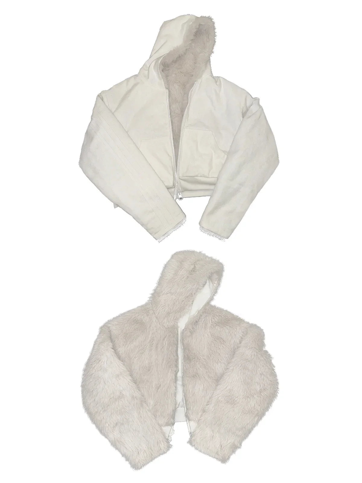 Reversible cropped hoodie jacket with white faux fur and smooth fabric, relaxed fit