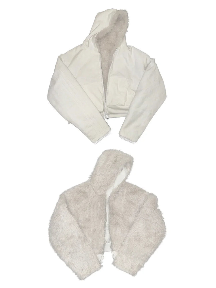 Reversible cropped hoodie jacket with white faux fur and smooth fabric, relaxed fit