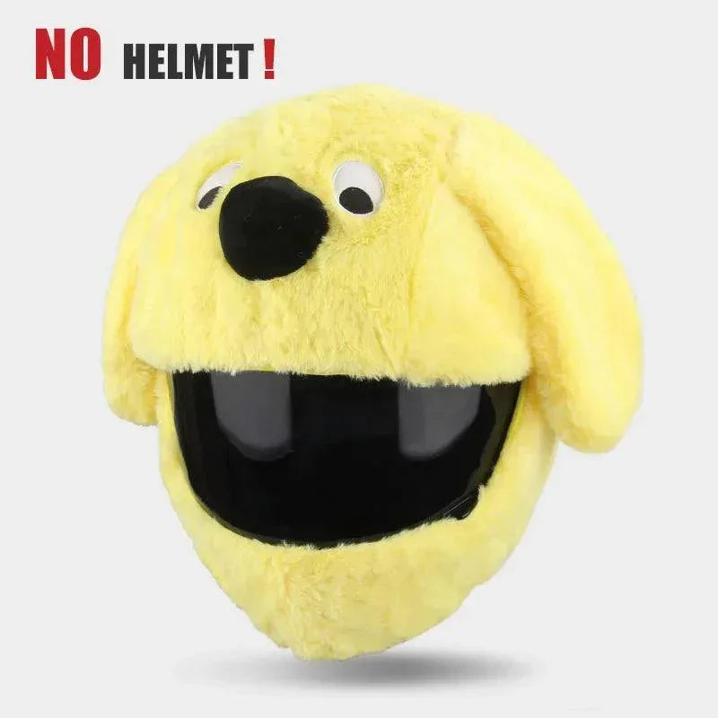 Yellow plush animal helmet cover with floppy ears, soft faux fur material, humorous design