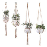 Assorted beige macrame plant hangers with ceramic pots and green houseplants