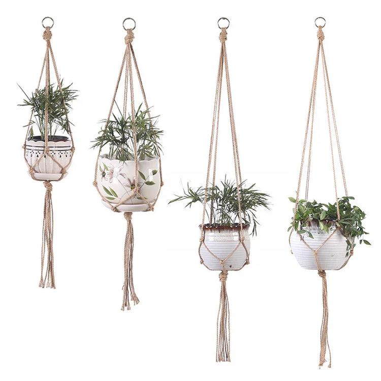 Assorted beige macrame plant hangers with ceramic pots and green houseplants