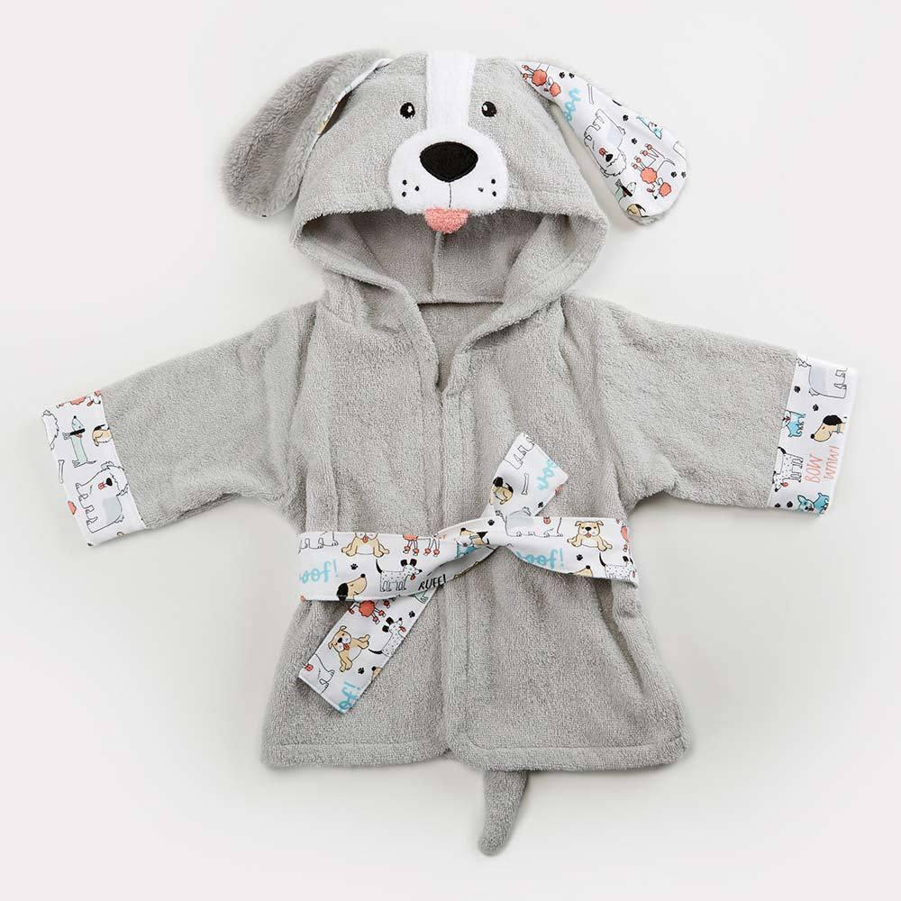 Grey plush dog-themed kids' hooded robe with printed cuffs and tie belt, relaxed fit.