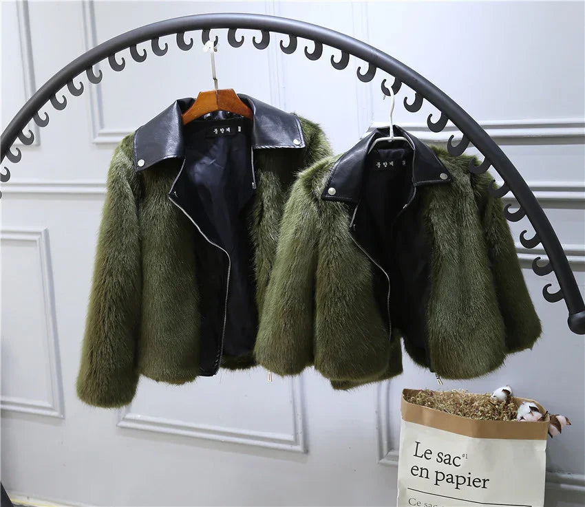 Olive green faux fur jackets with black faux leather collars, relaxed fit, hanging on rack