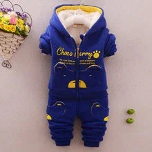 Blue fleece baby hoodie set with yellow accents, animal print, and cozy fit