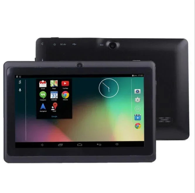 Black Android tablet with glossy screen, slim bezel, and compact rectangular design