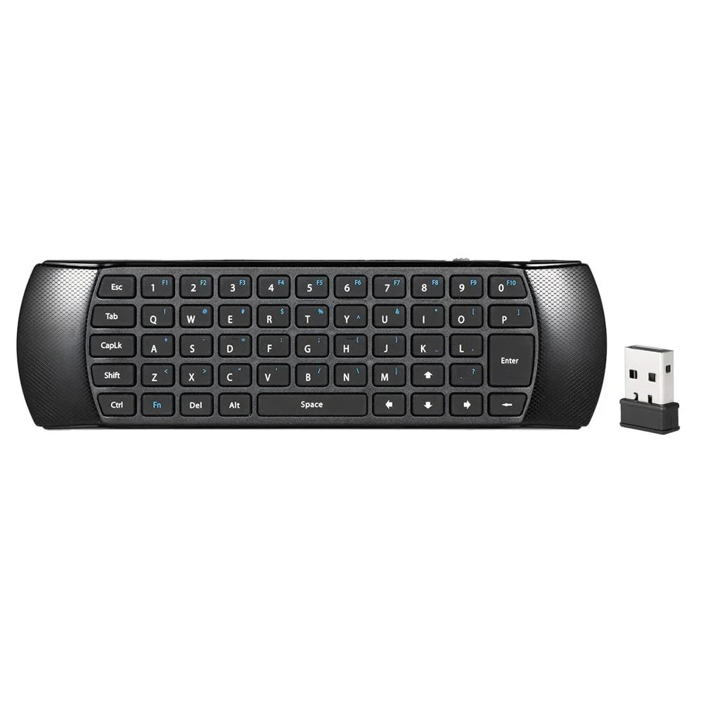 Compact wireless black mini keyboard with USB receiver, sleek design, ergonomic fit