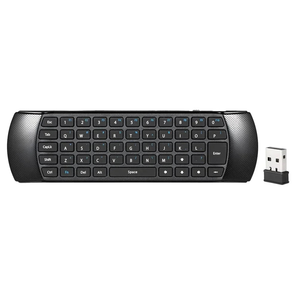 Compact wireless black mini keyboard with USB receiver, sleek design, ergonomic fit