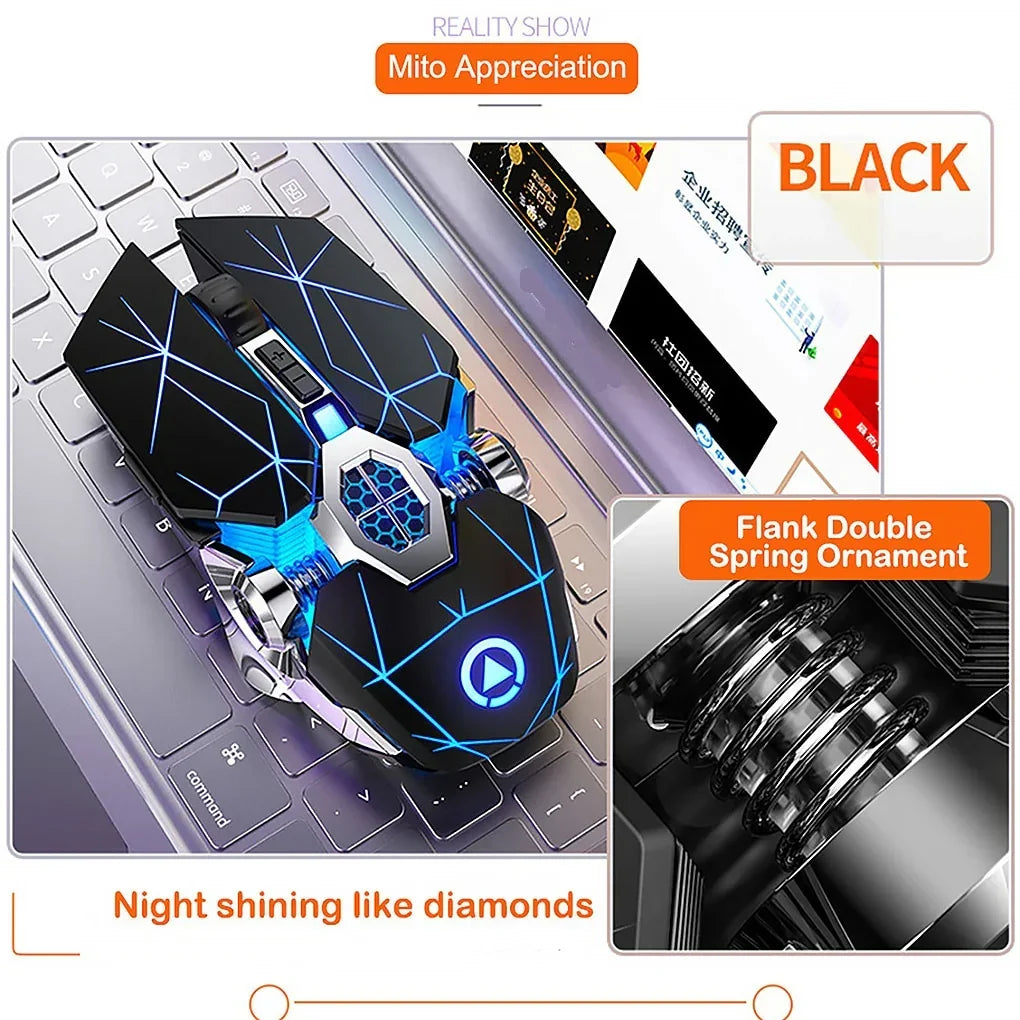 Futuristic black gaming mouse with blue geometric LED lights, angular design, and double spring detail on a laptop keyboard.