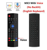 Black dual-sided remote with colorful buttons, voice control, and English keyboard.