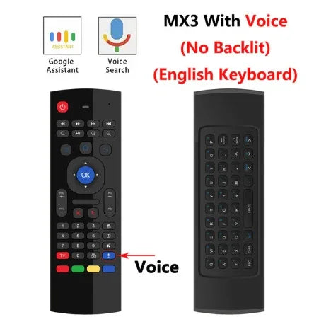 Black dual-sided remote with colorful buttons, voice control, and English keyboard.
