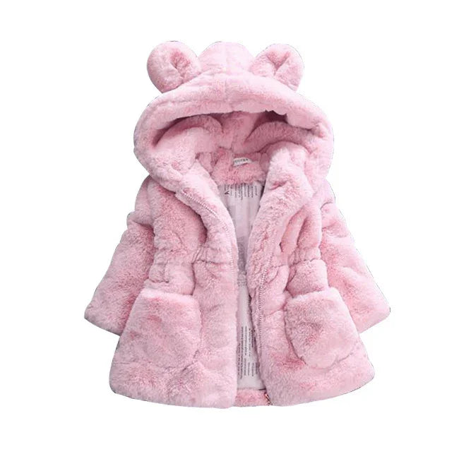 Pink faux fur hooded jacket with bear ear details and relaxed fit