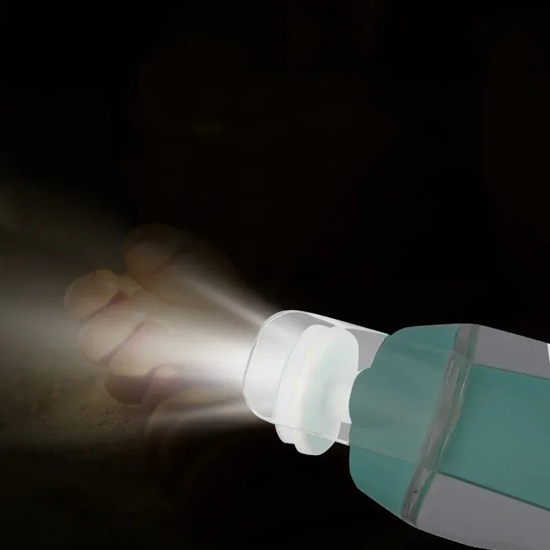 Close-up of teal portable flashlight with bright LED light in use, compact tech accessory