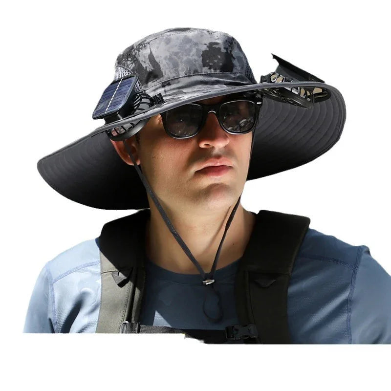 Man wearing wide-brim camo sun hat with solar fans, blue athletic shirt, and sunglasses.