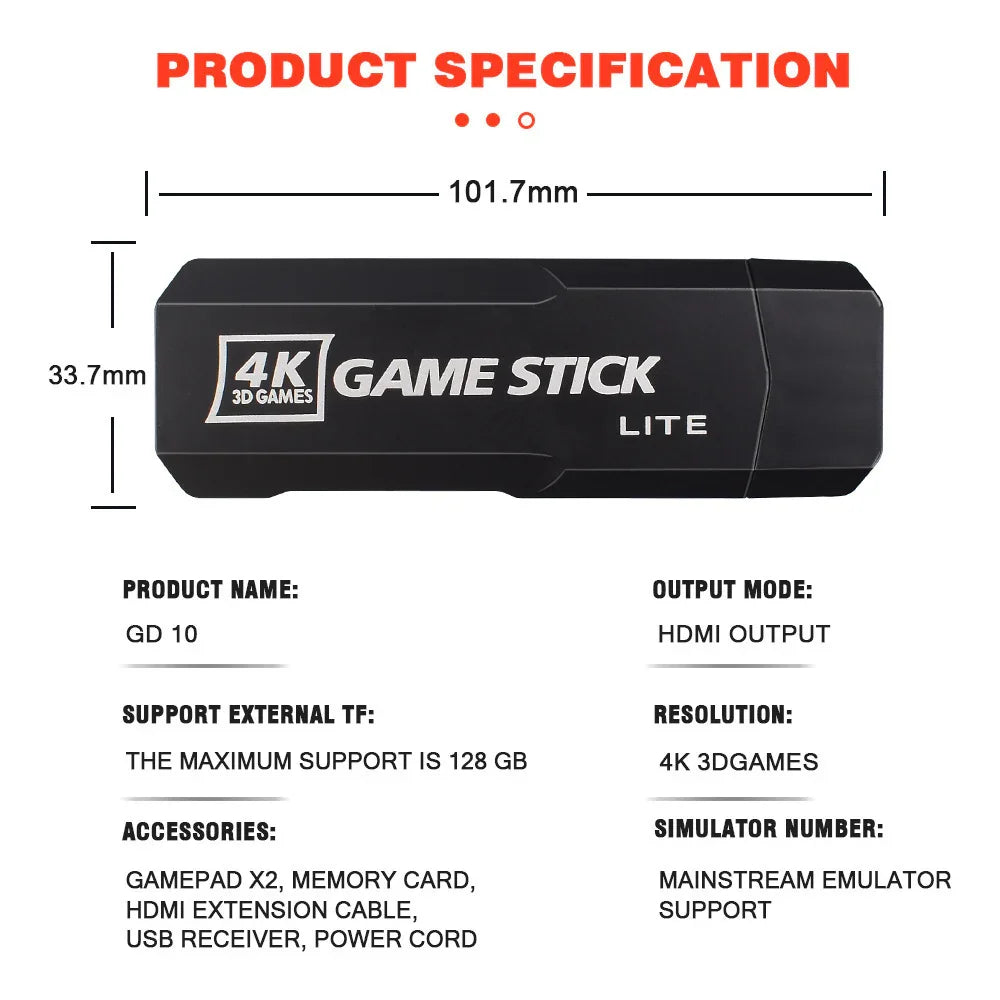 Black HDMI game stick with 4K resolution, compact design, accessory compatibility listed