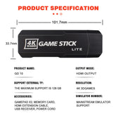 Black HDMI game stick with 4K resolution, compact design, accessory compatibility listed