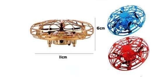 Mini drone with protective cage in gold, red, and blue, 11cm wide and 6cm tall.