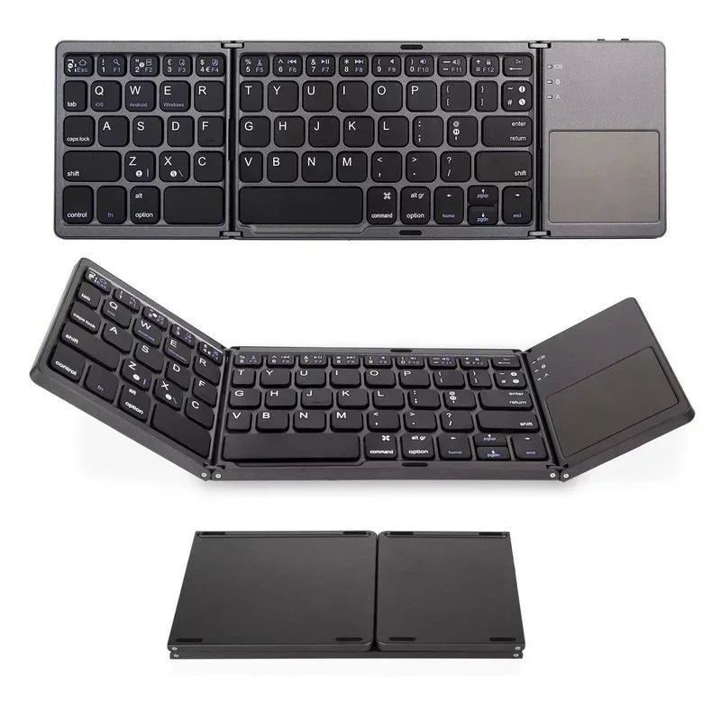 Black foldable Bluetooth keyboard with touchpad, slim portable tech accessory.