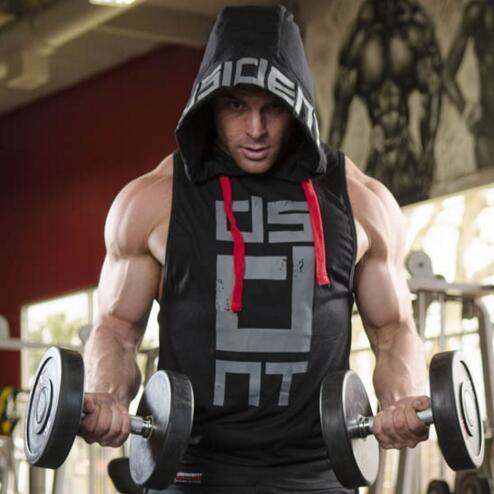 Sleeveless black hoodie with bold graphic print, red drawstrings, athletic fit, gym style