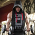 Sleeveless black hoodie with bold graphic print, red drawstrings, athletic fit, gym style
