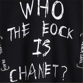 Black streetwear hoodie with white graffiti text and drawstring label details
