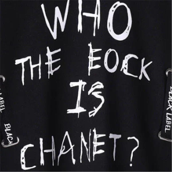 Black streetwear hoodie with white graffiti text and drawstring label details