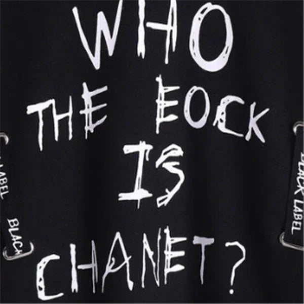 Black streetwear hoodie with white graffiti text and drawstring label details