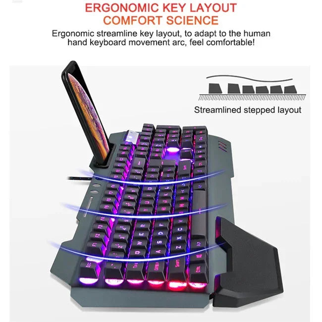 Backlit mechanical keyboard with ergonomic key layout, black body, pink lighting, built-in phone stand