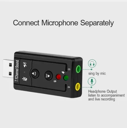 Black USB sound card with separate microphone and headphone ports, labeled controls, tech accessory.
