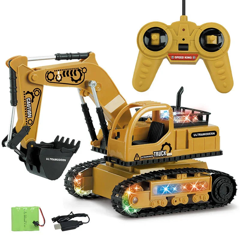 Yellow remote control toy excavator truck with black scoop, LED lights, and controller