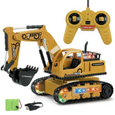 Yellow remote control toy excavator truck with black scoop, LED lights, and controller